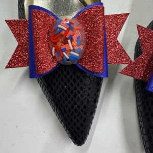 Red and Blue Patriotic Shoe Clips with hand made cabochons with tiny Flags